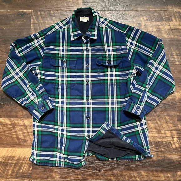 LL Bean 250393 blue green fleece sherpa lined flannel shirt Shacket large - Picture 1 of 13